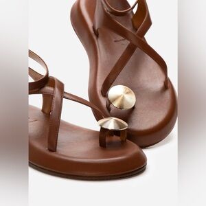 Brown Leather Toe-Ring Sandals with Gold Disc Accent